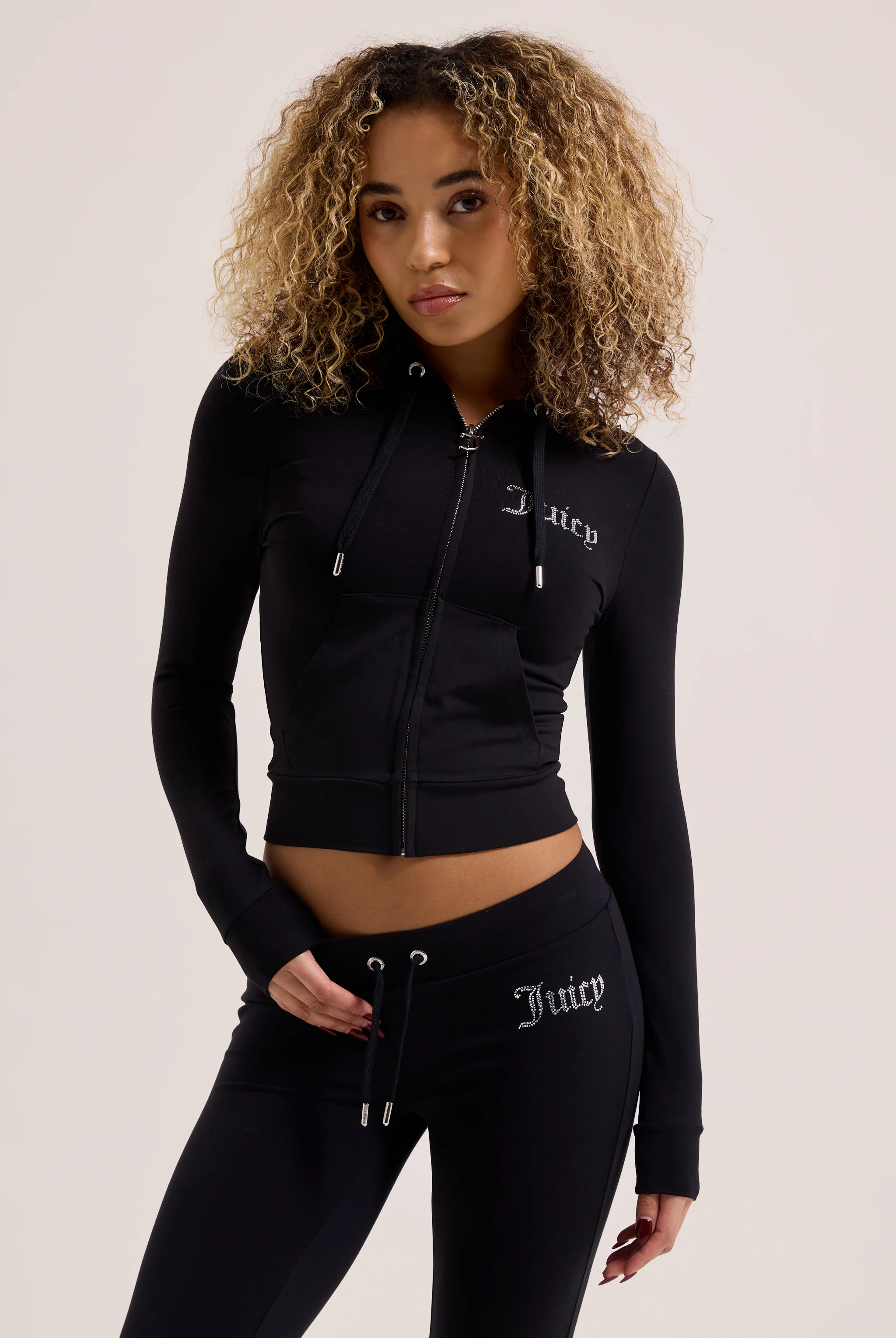 BLACK DIAMANTÉ LUXURY JERSEY ZIP-THROUGH HOODIE - Image 2