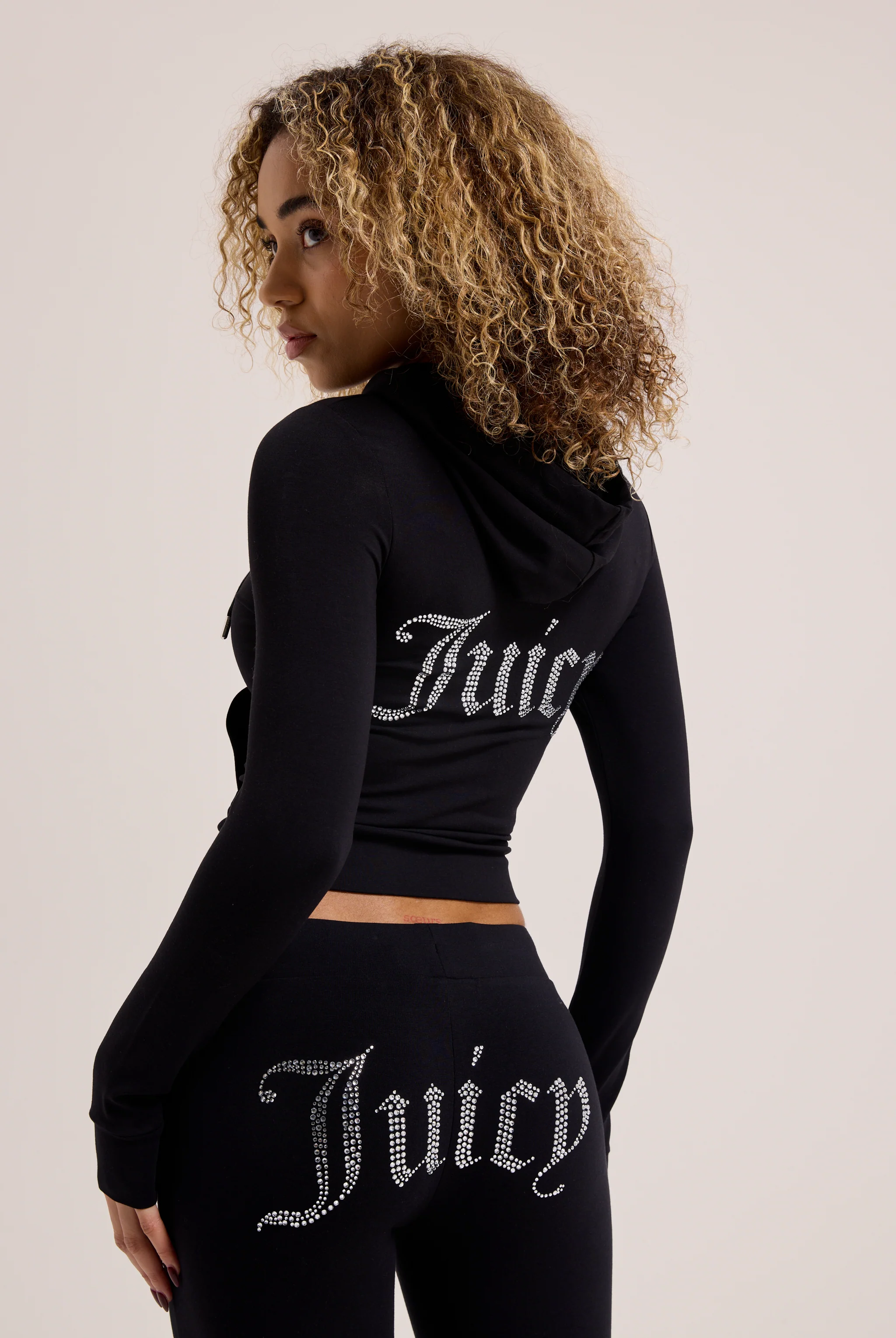 BLACK DIAMANTÉ LUXURY JERSEY ZIP-THROUGH HOODIE - Image 3