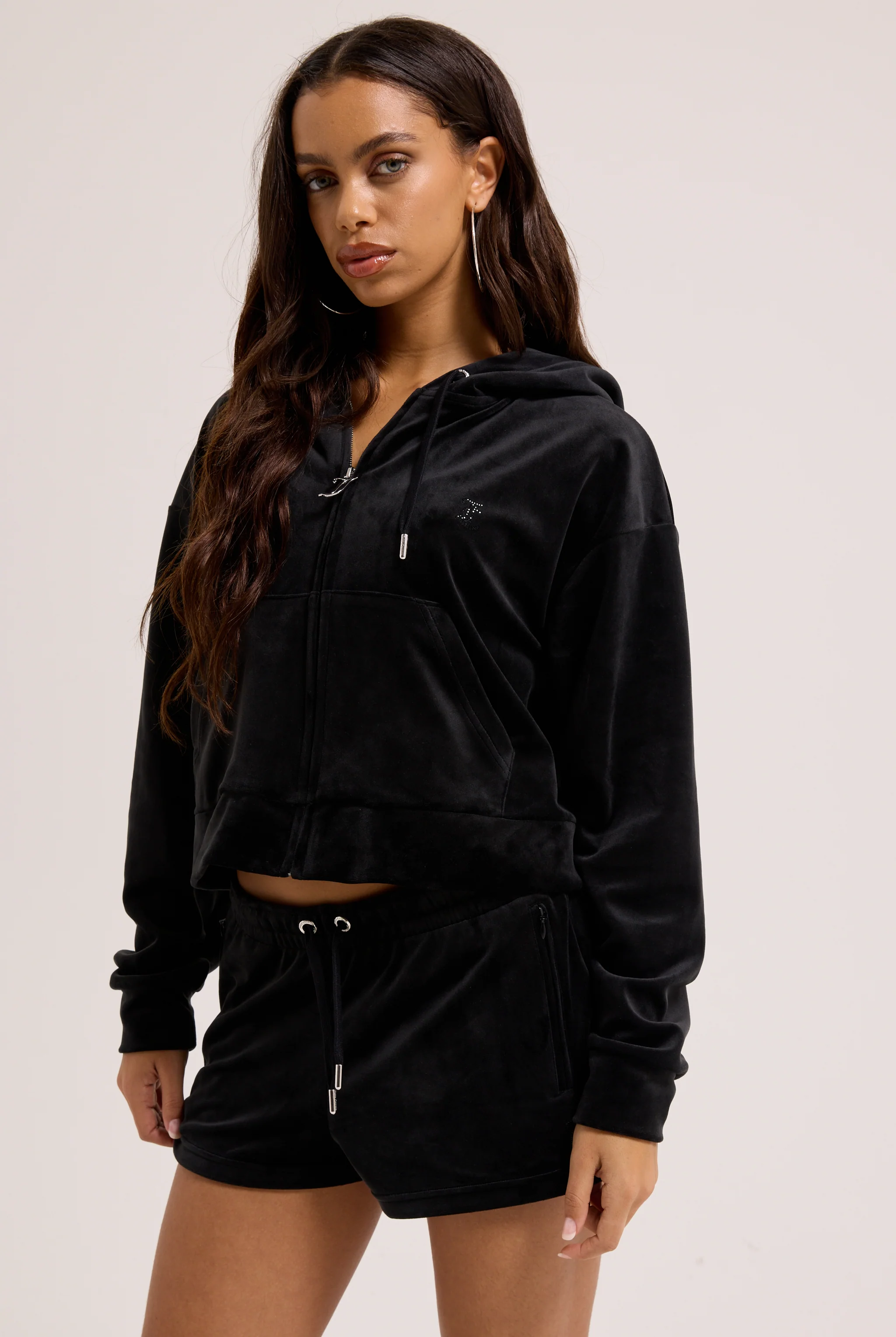 BLACK VELOUR OUTLINE DIAMANTÉ TRACK SHORTS - Image 3