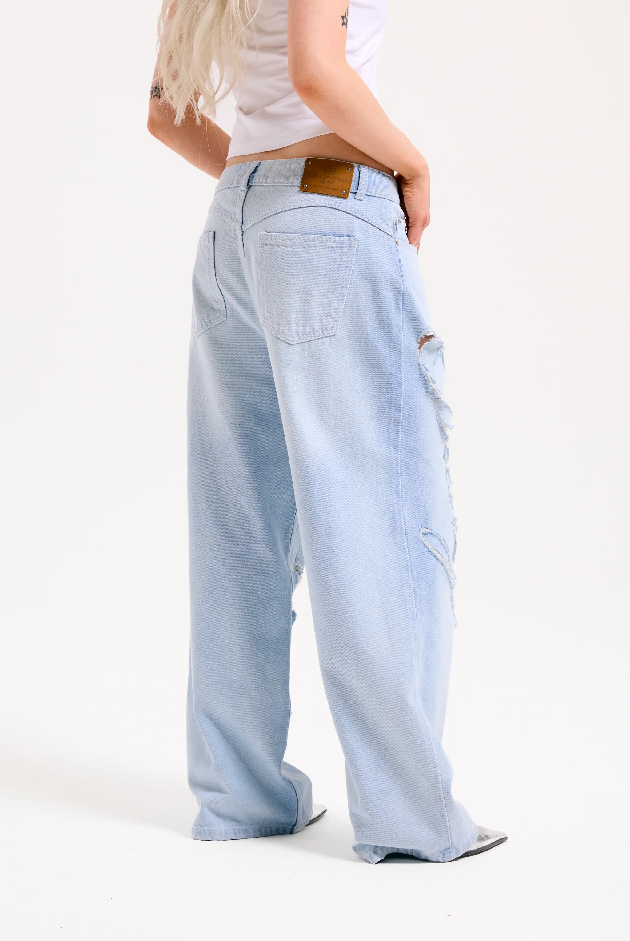 BLEACHED DENIM DISTRESSED WIDE LEG JEANS - Image 4