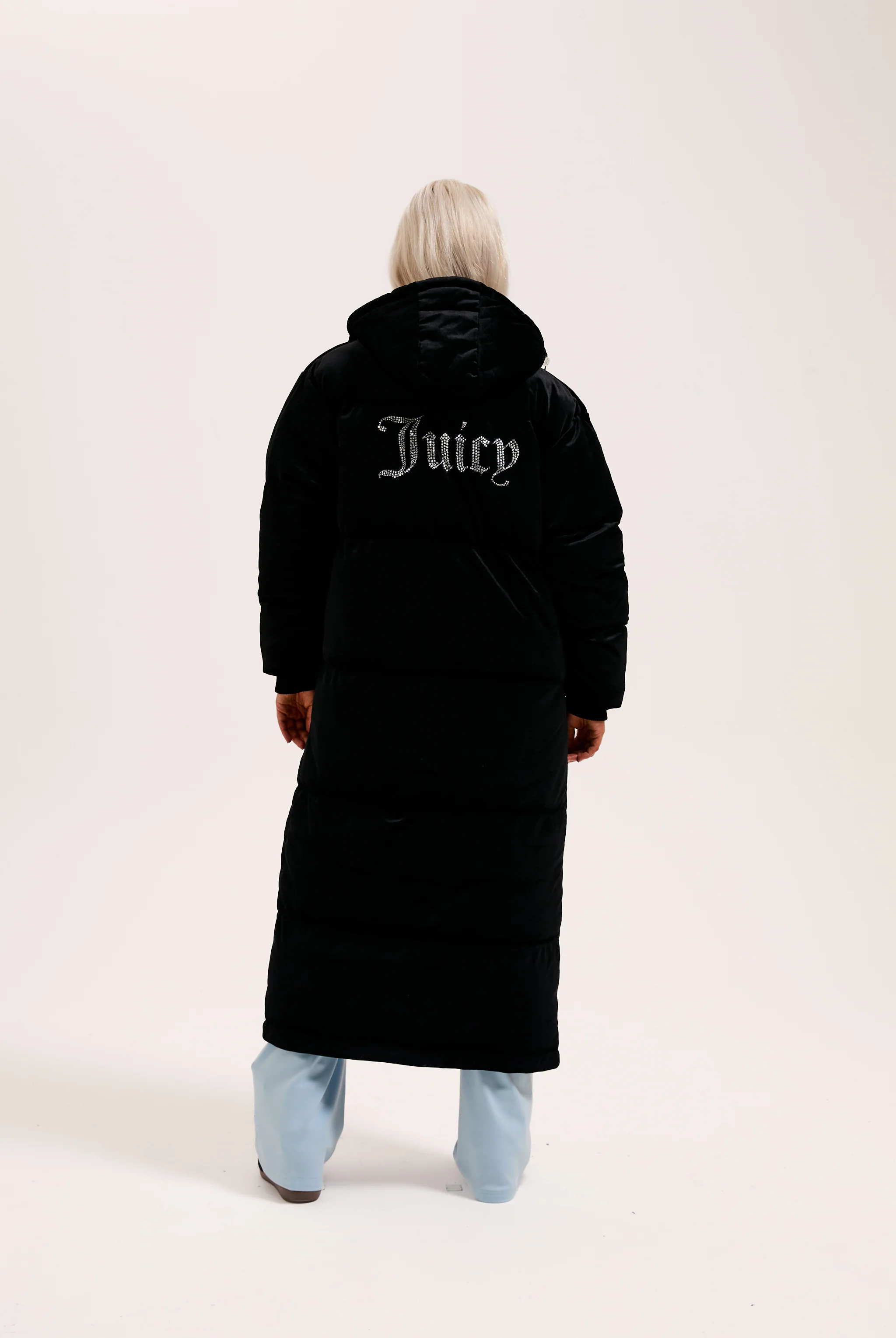 BLACK VELOUR LONGLINE PUFFA JACKET - Image 8