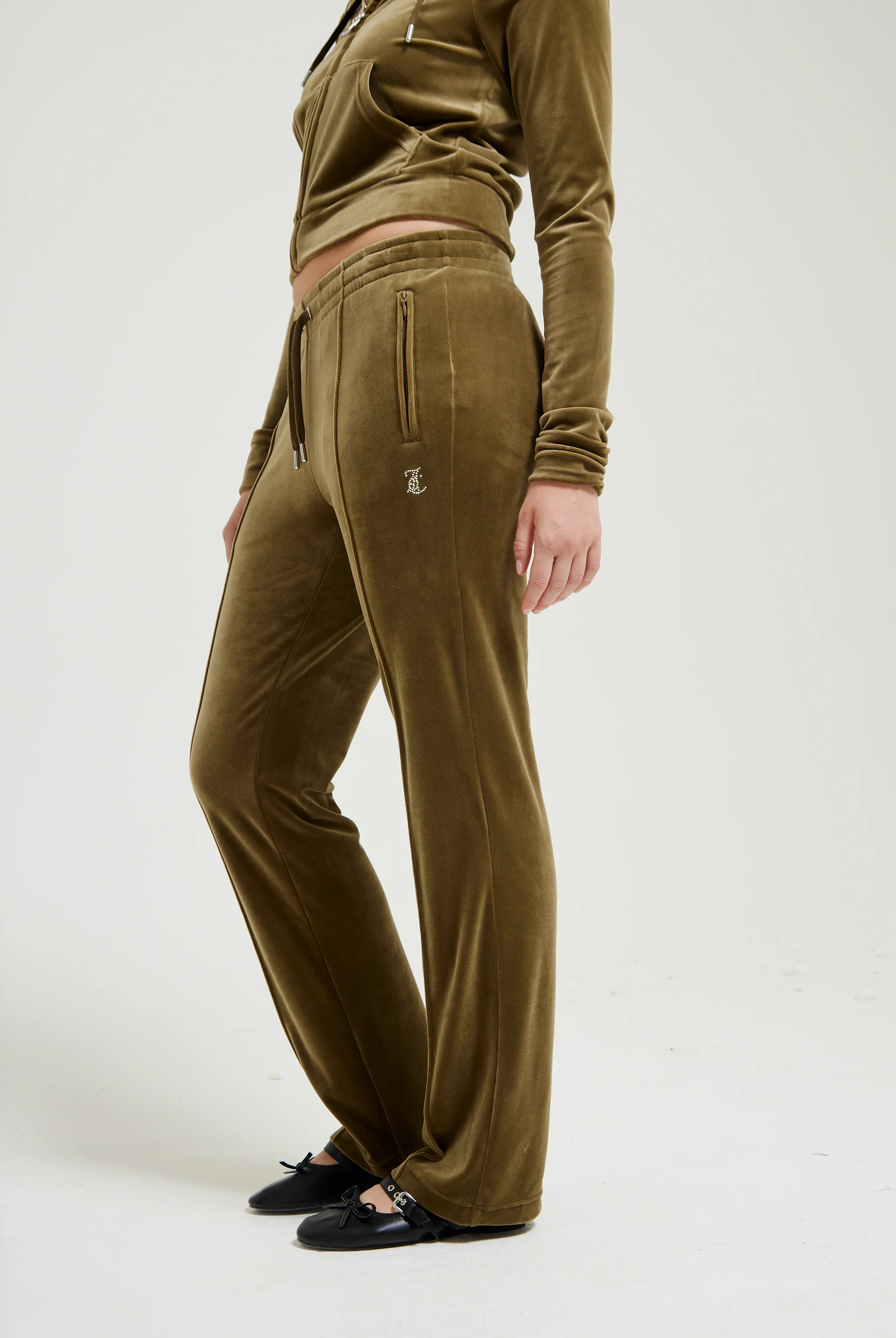 DARK OLIVE VELOUR DIAMANTÉ TRACKSUIT BOTTOM - Image 3