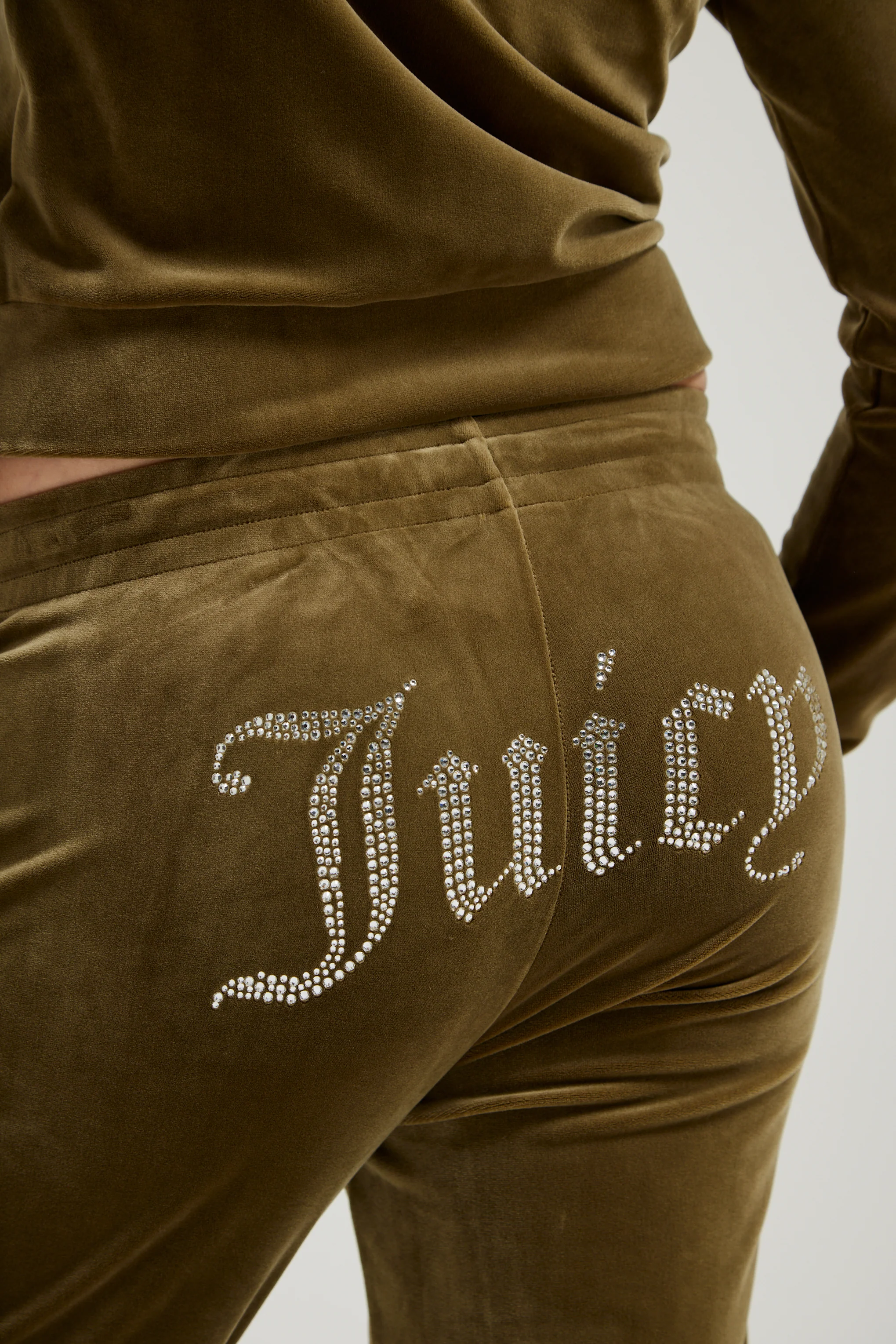 DARK OLIVE VELOUR DIAMANTÉ TRACKSUIT BOTTOM - Image 9