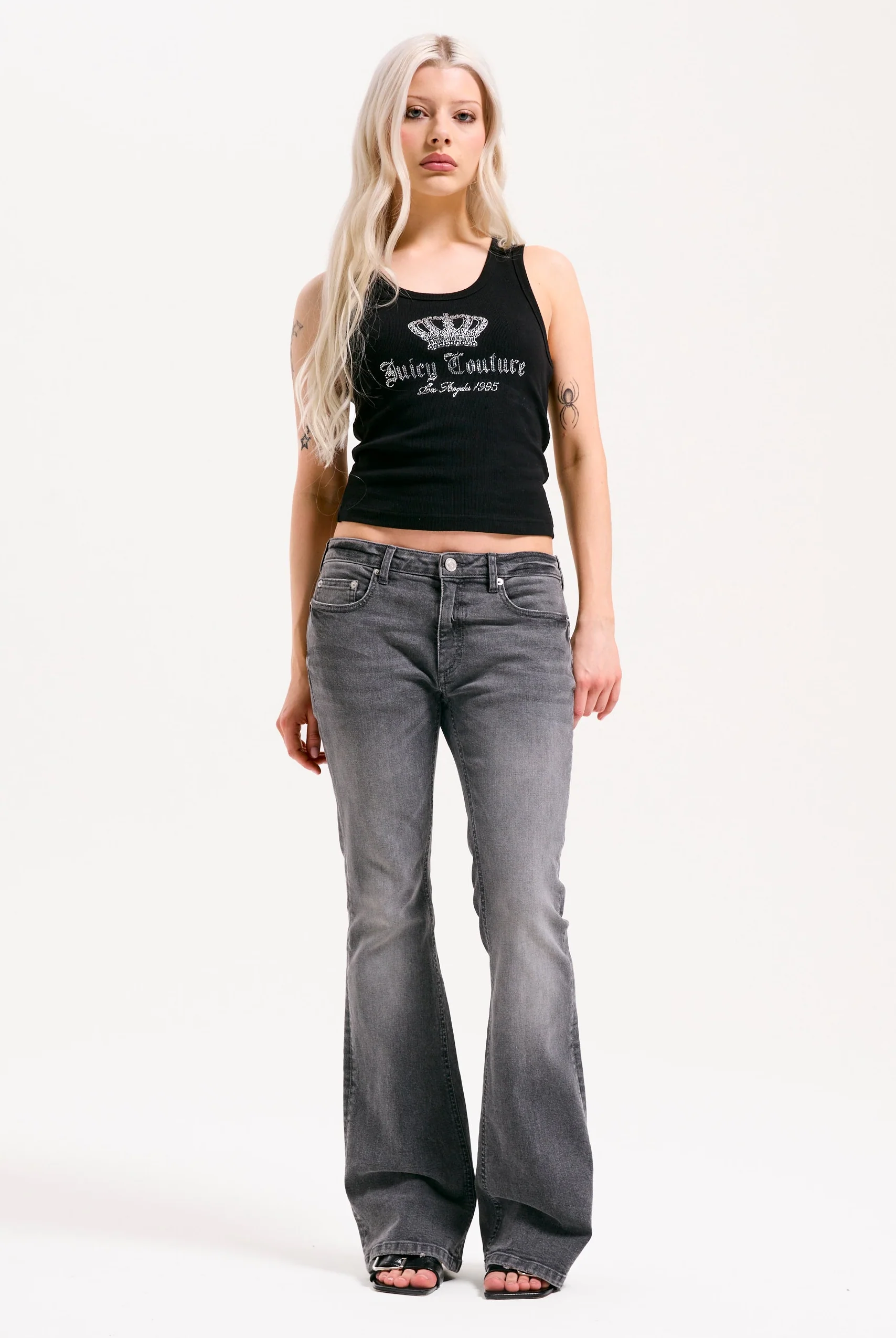GREY WASH DIGI DIAMANTÉ MID RISE FLARED JEANS - Image 3