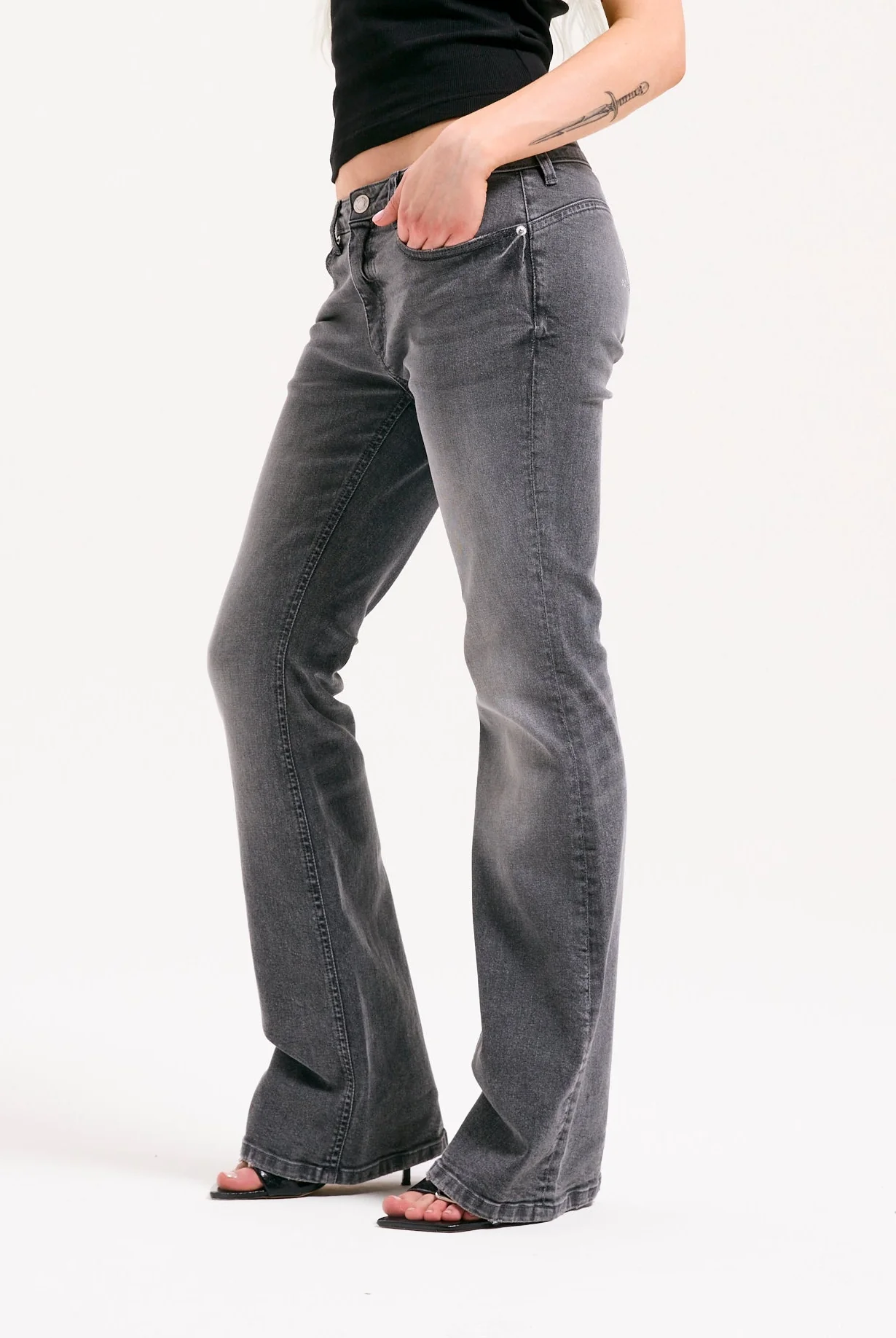 GREY WASH DIGI DIAMANTÉ MID RISE FLARED JEANS - Image 4