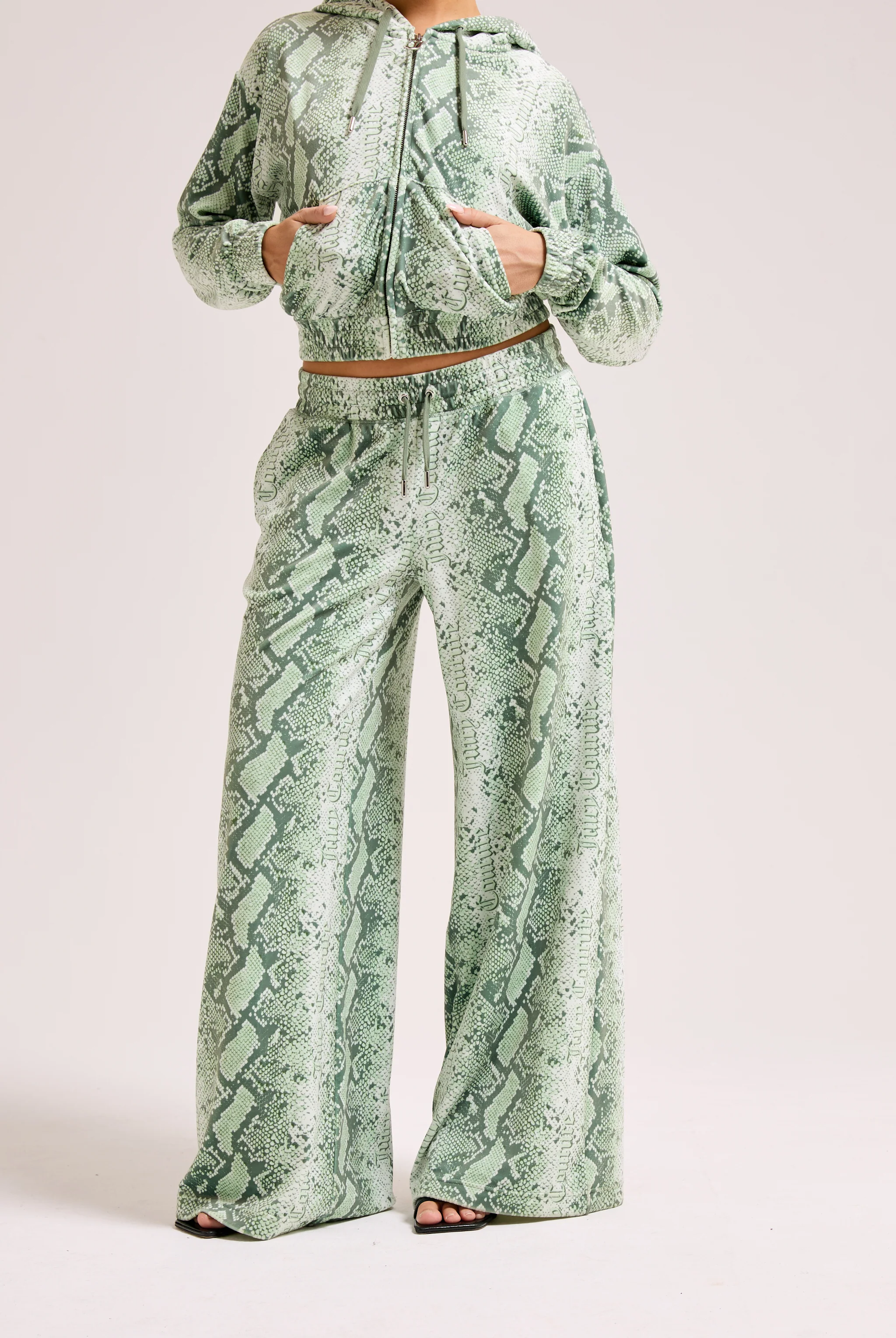 GREEN SNAKE PRINT DIAMANTÉ LOW RISE TRACK BOTTOM