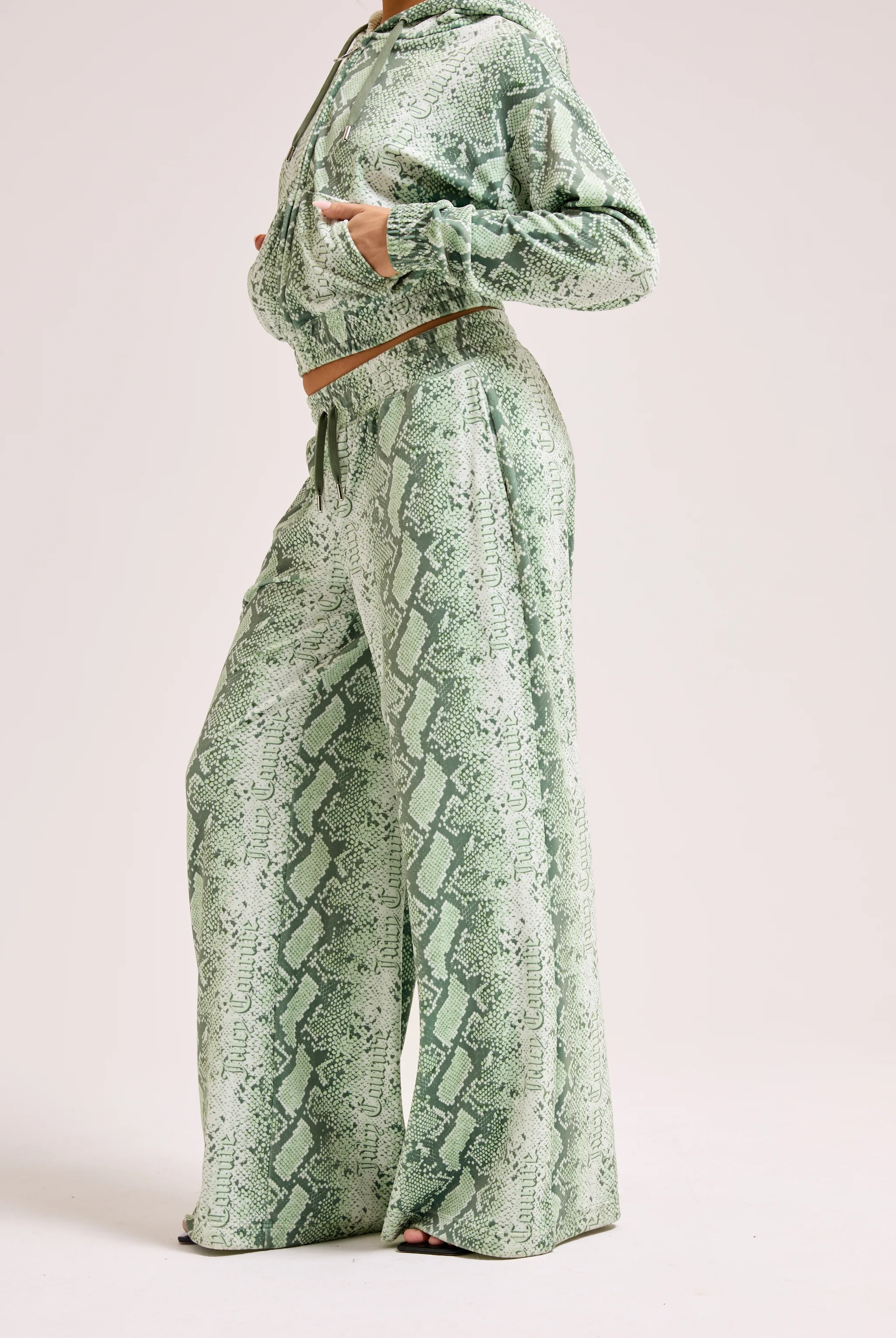 GREEN SNAKE PRINT DIAMANTÉ LOW RISE TRACK BOTTOM - Image 2