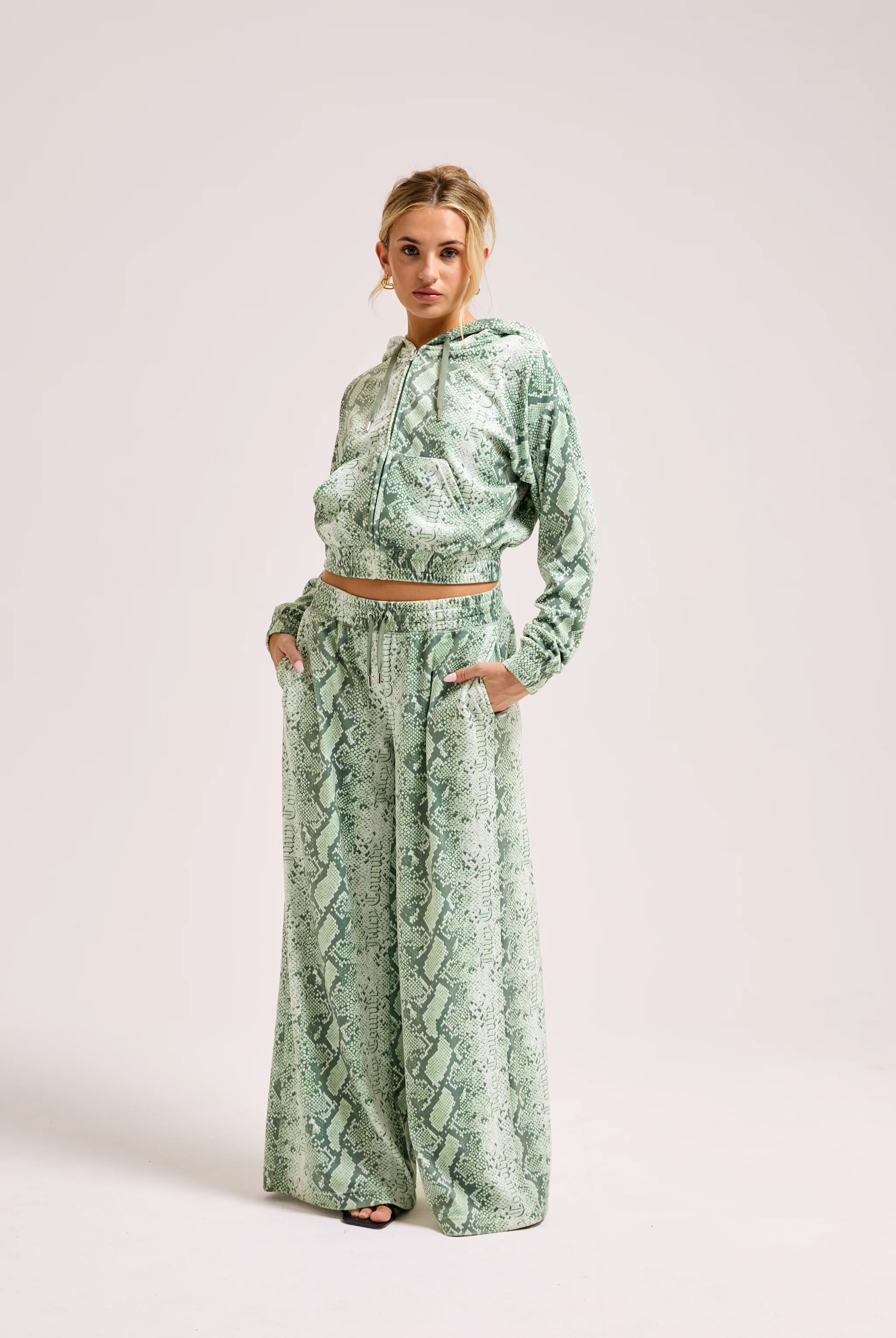 GREEN SNAKE PRINT DIAMANTÉ LOW RISE TRACK BOTTOM - Image 8
