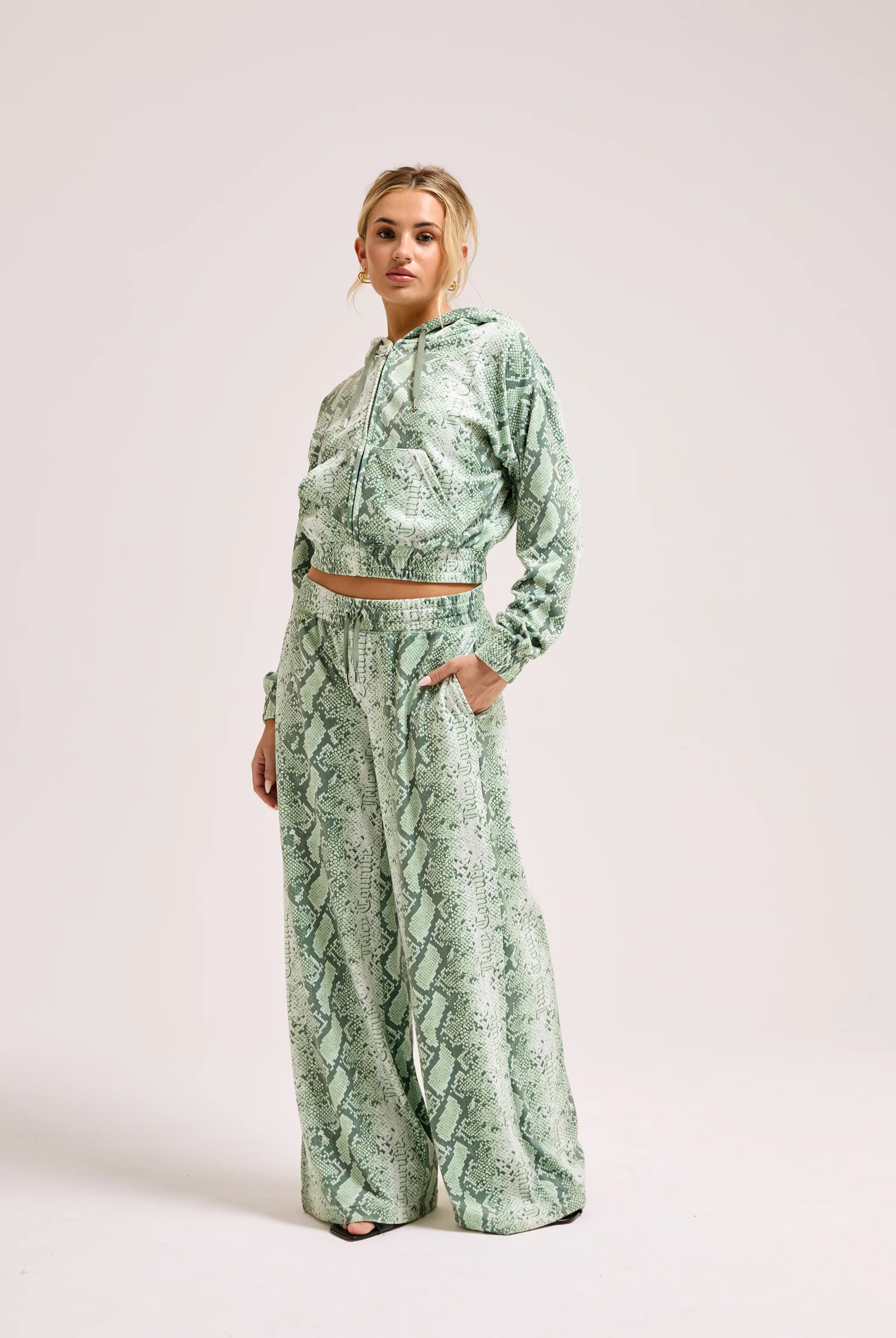 GREEN SNAKE PRINT DIAMANTÉ LOW RISE TRACK BOTTOM - Image 9
