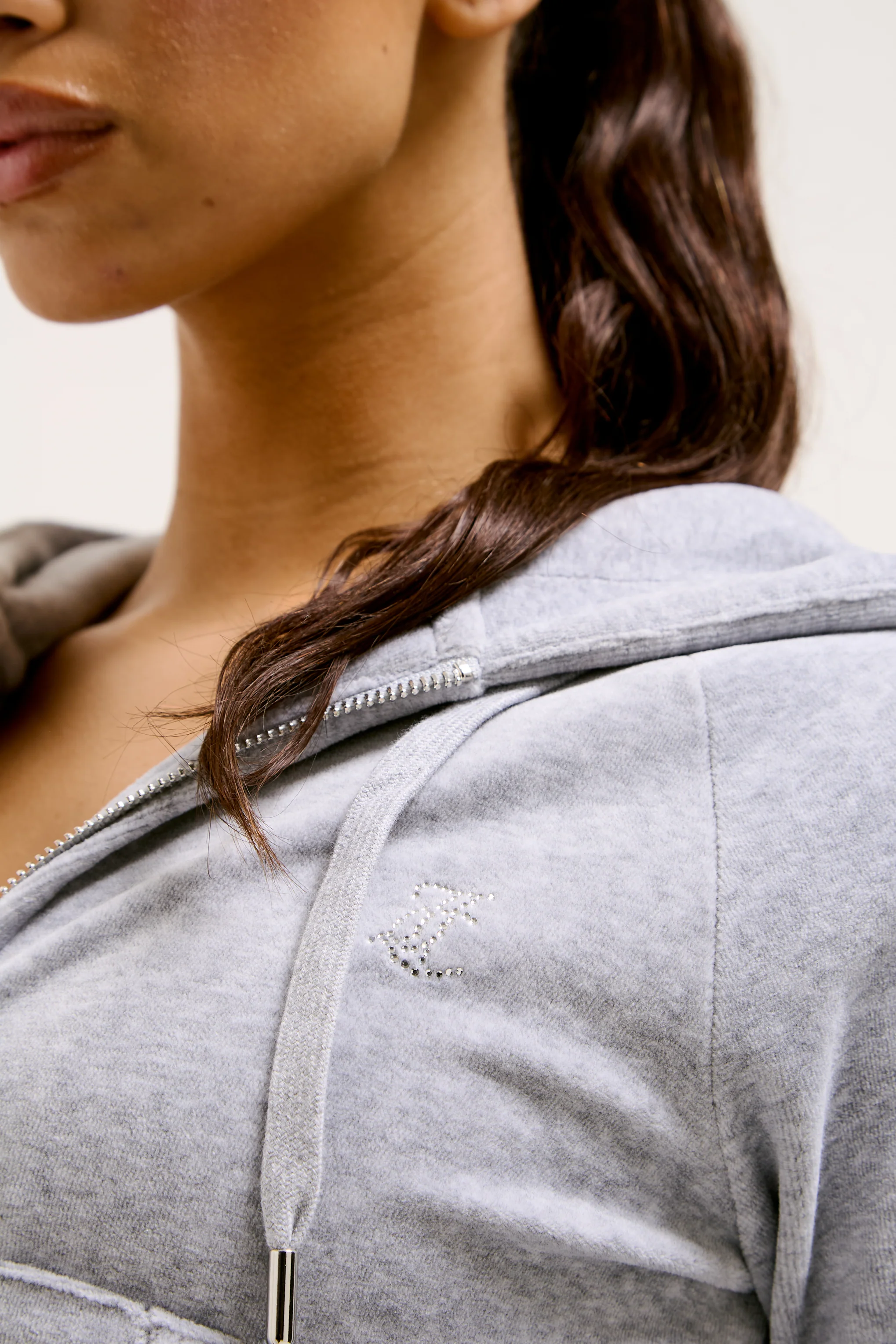 SILVER MARL DIAMANTÉ COTTON VELOUR ZIP-THROUGH HOODIE - Image 12