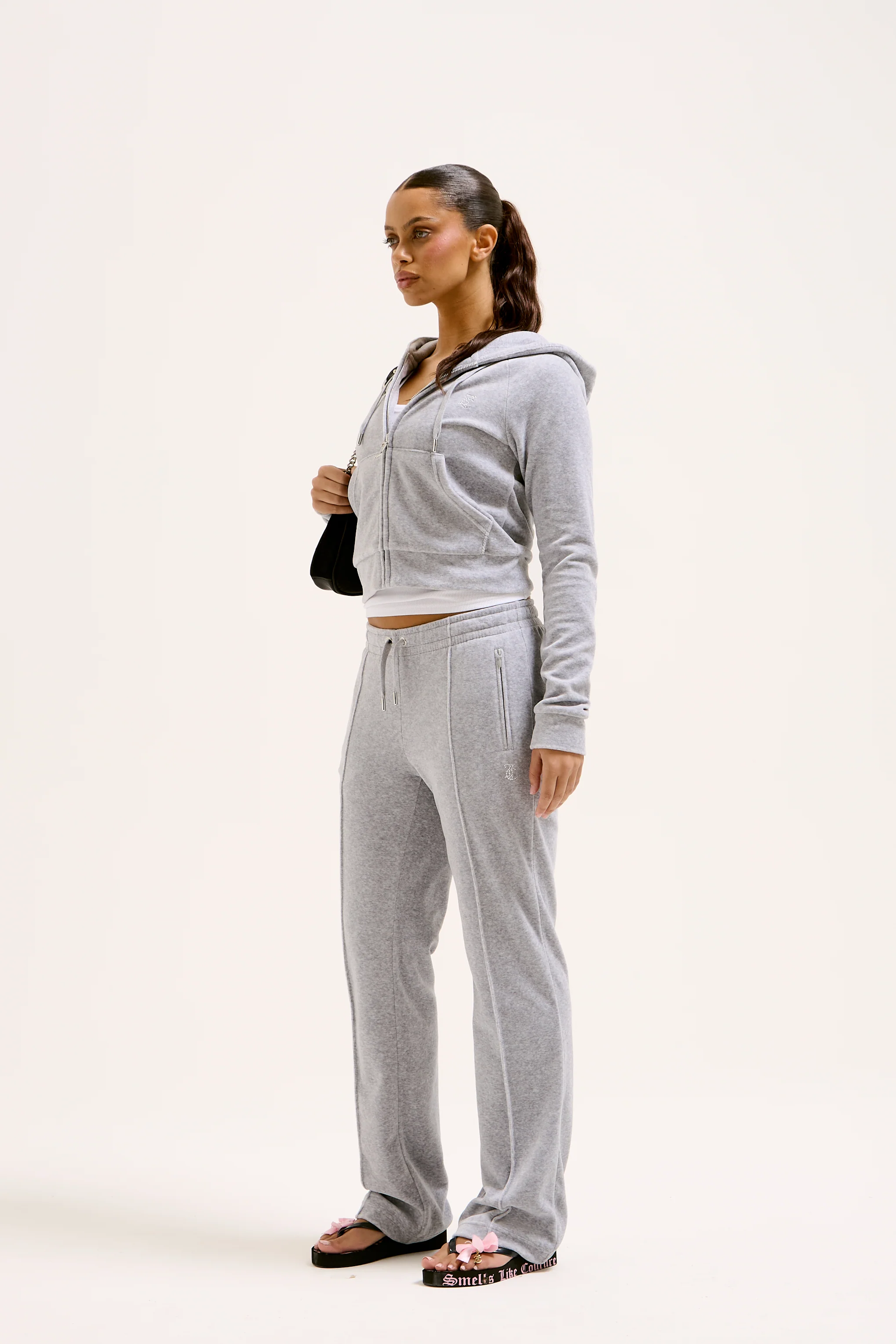 SILVER MARL DIAMANTÉ COTTON VELOUR ZIP-THROUGH HOODIE - Image 3
