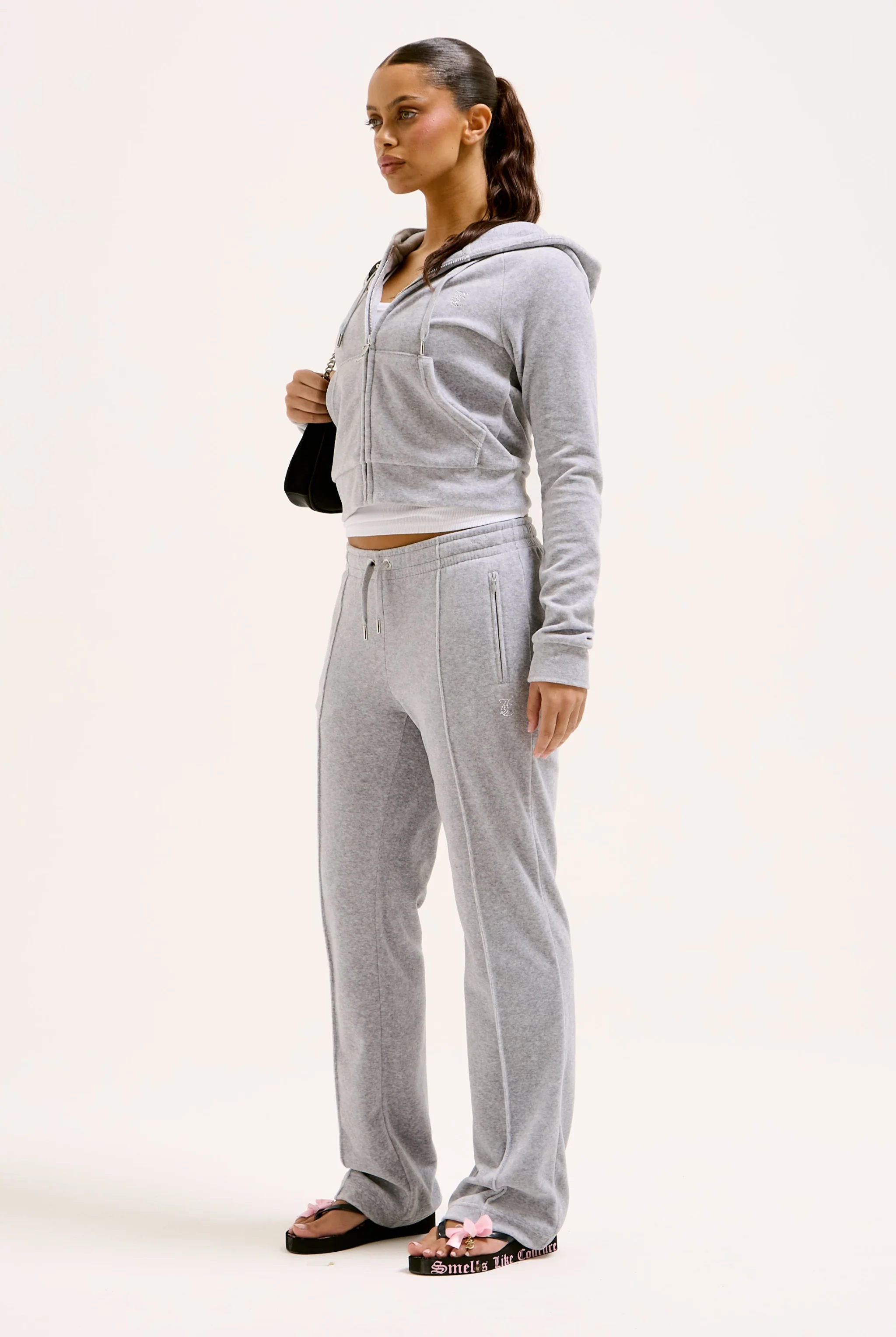 SILVER MARL COTTON VELOUR DIAMANTÉ TRACKSUIT BOTTOM - Image 5