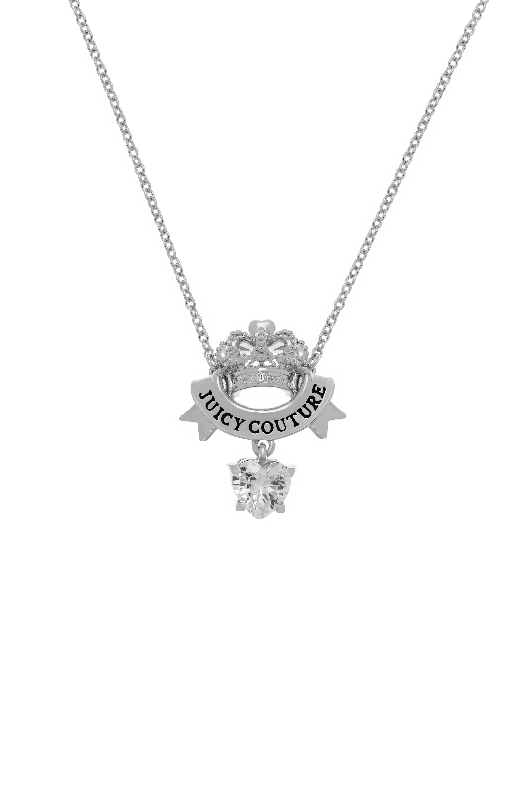 SILVER CROWN & CRYSTAL HEART DROP PENDANT NECKLACE - Image 3