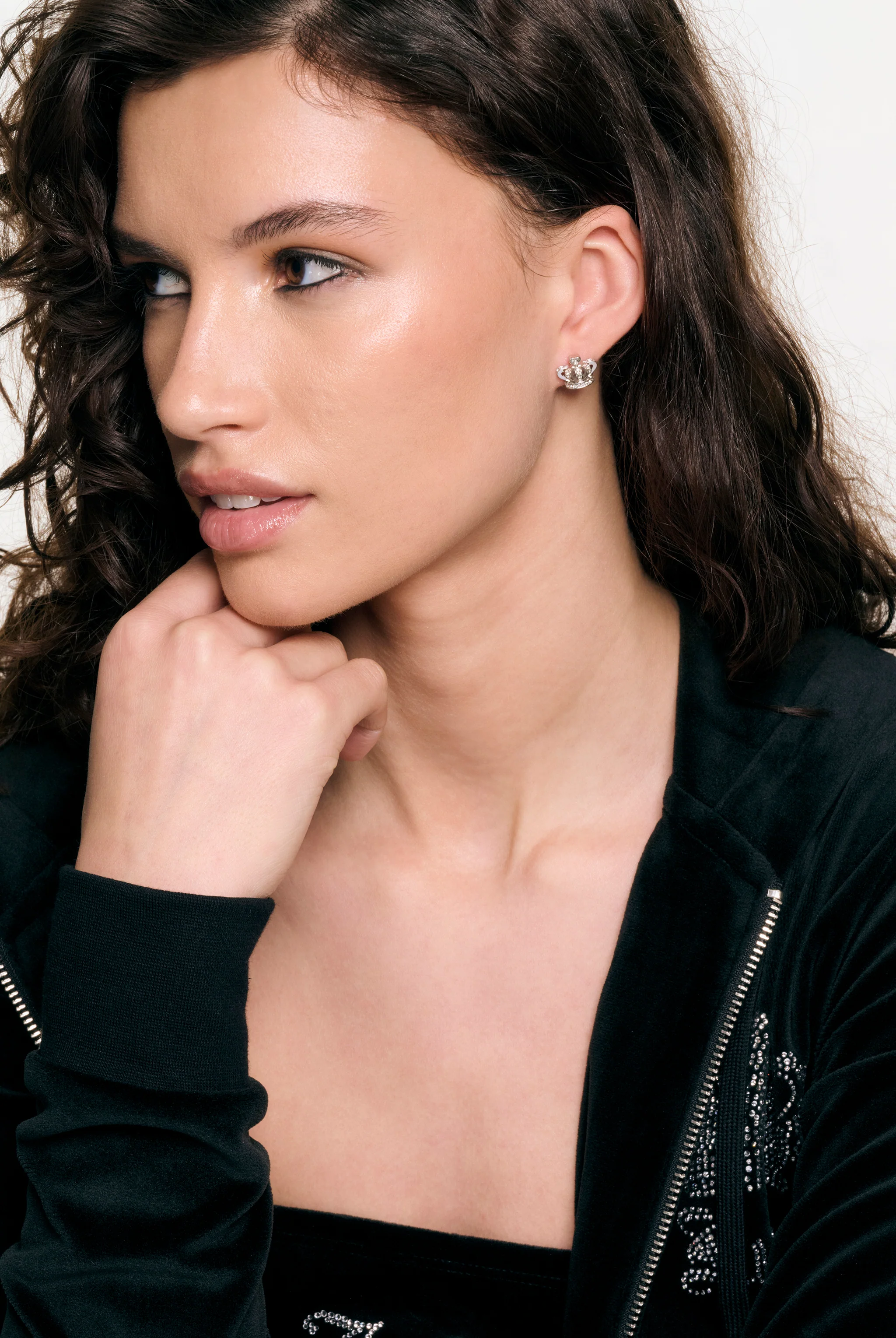 SILVER TONE CRYSTAL ICON CROWN STUD EARRING - Image 3