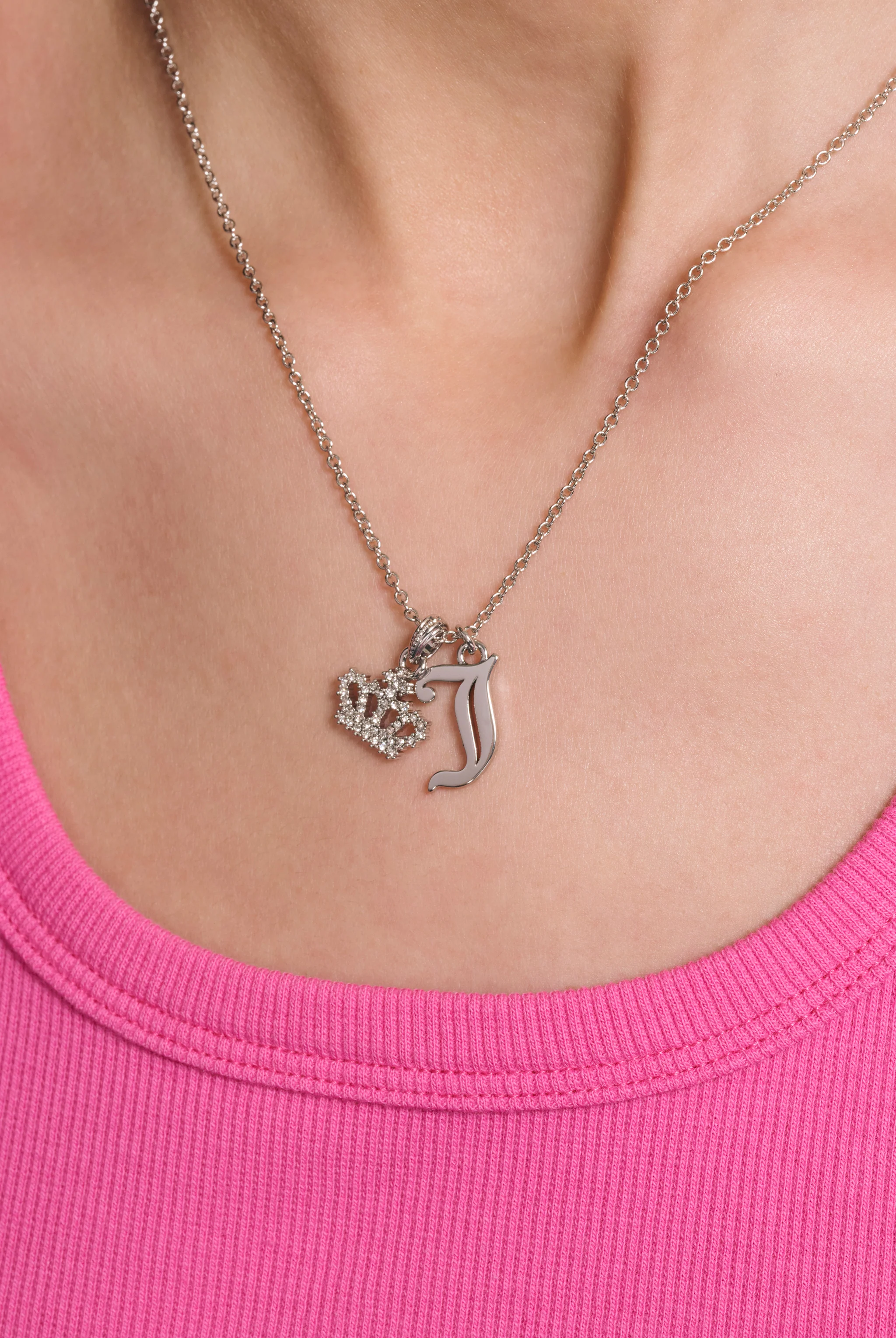 SILVER TONE CRYSTAL MOTIF CROWN & J CHARM PENDANT NECKLACE