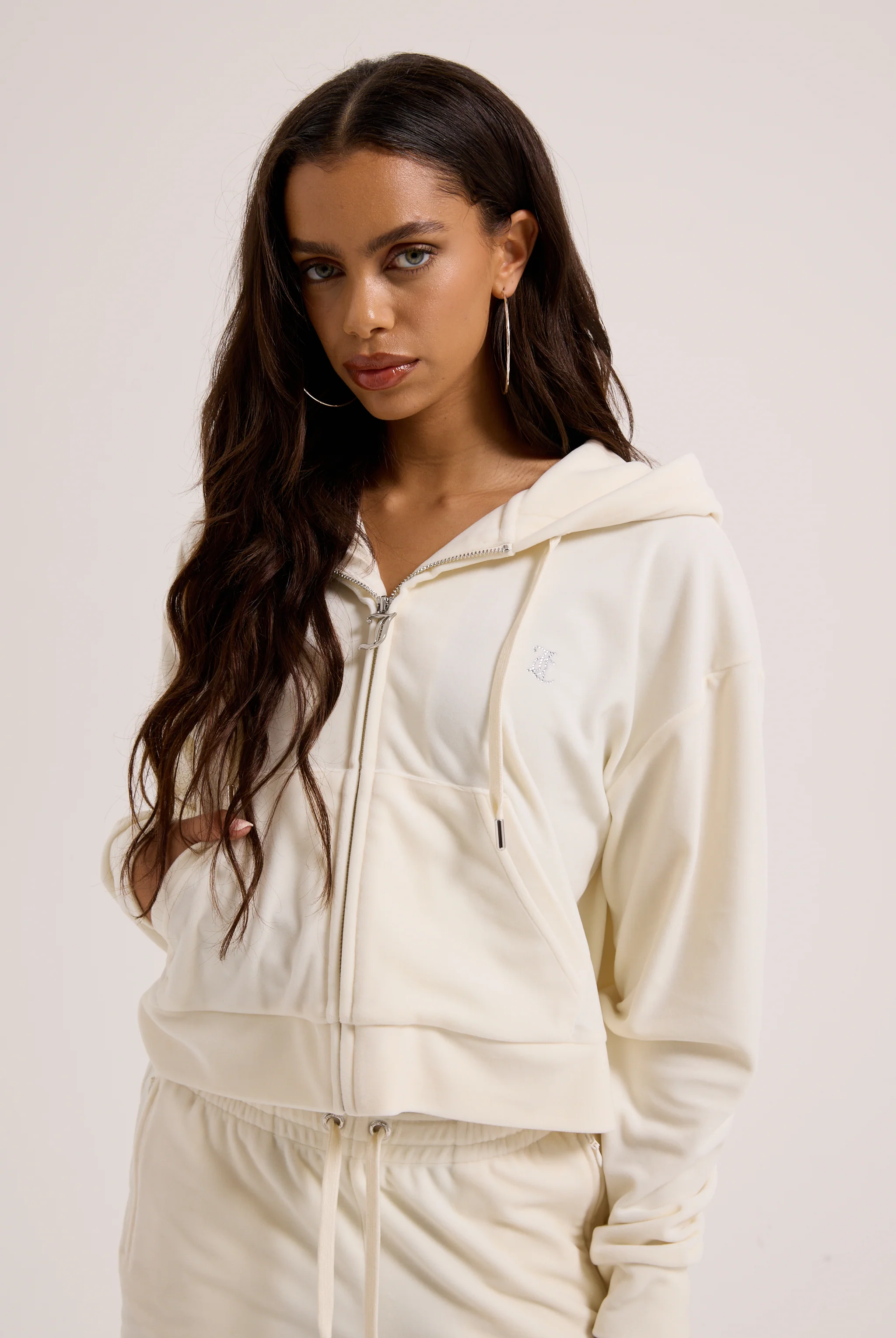 CREAM OUTLINE DIAMANTÉ OVERSIZED CROPPED HOODIE