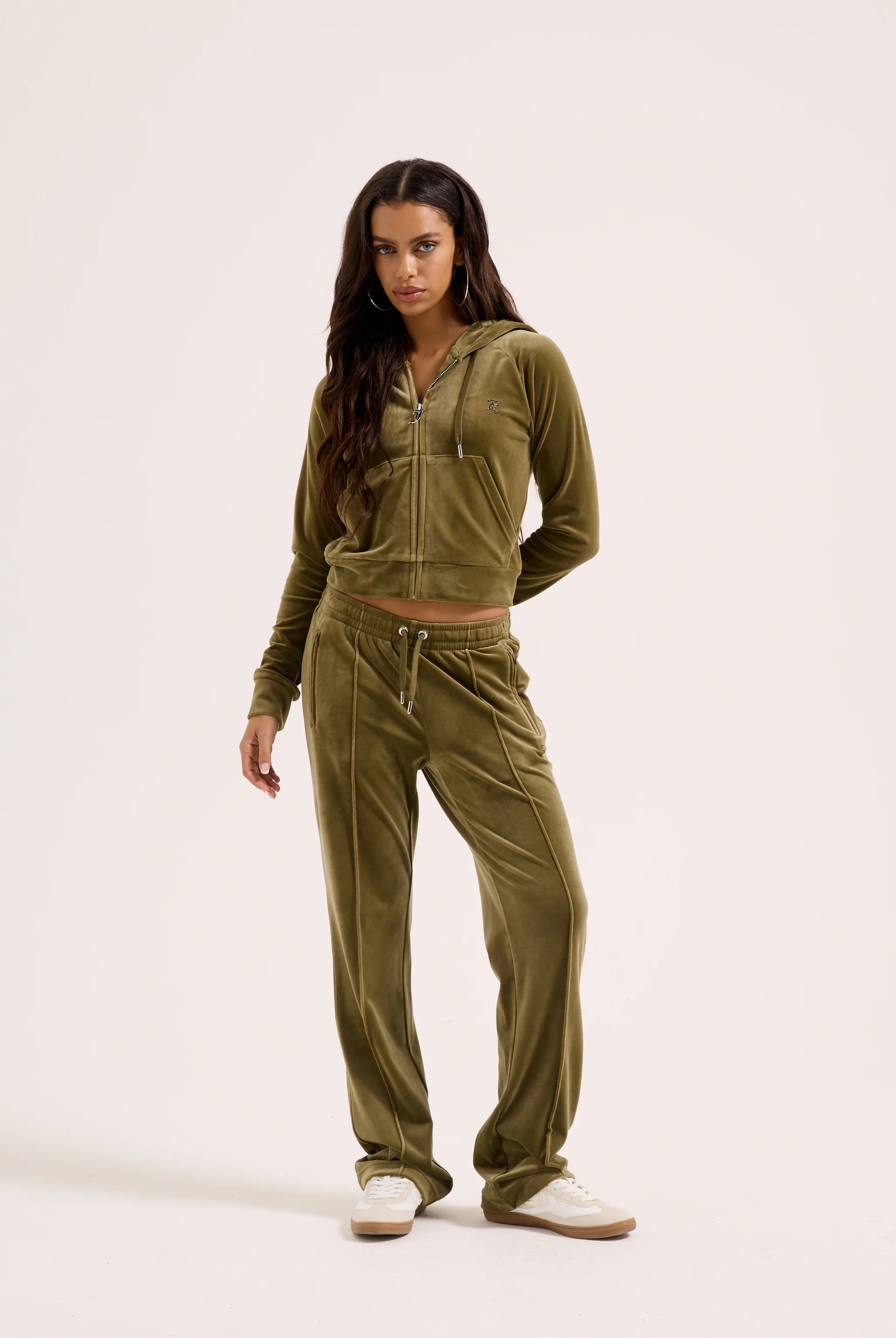 DARK OLIVE VELOUR OUTLINE DIAMANTÉ TRACKSUIT BOTTOM - Image 3