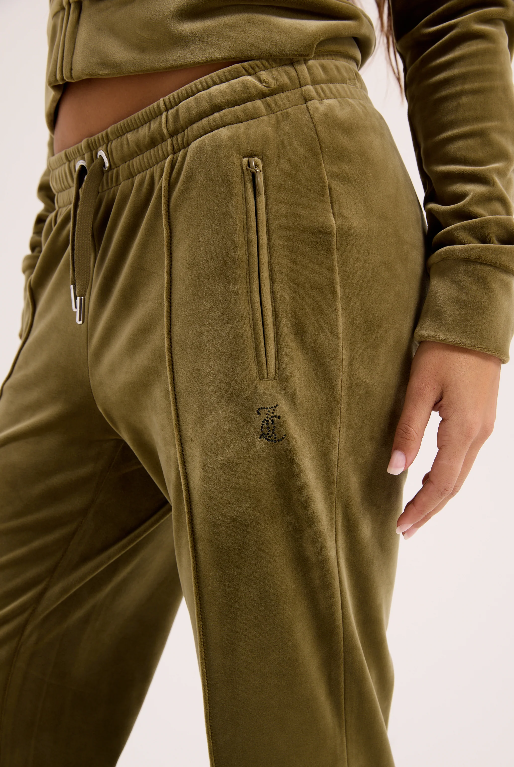 DARK OLIVE VELOUR OUTLINE DIAMANTÉ TRACKSUIT BOTTOM - Image 5