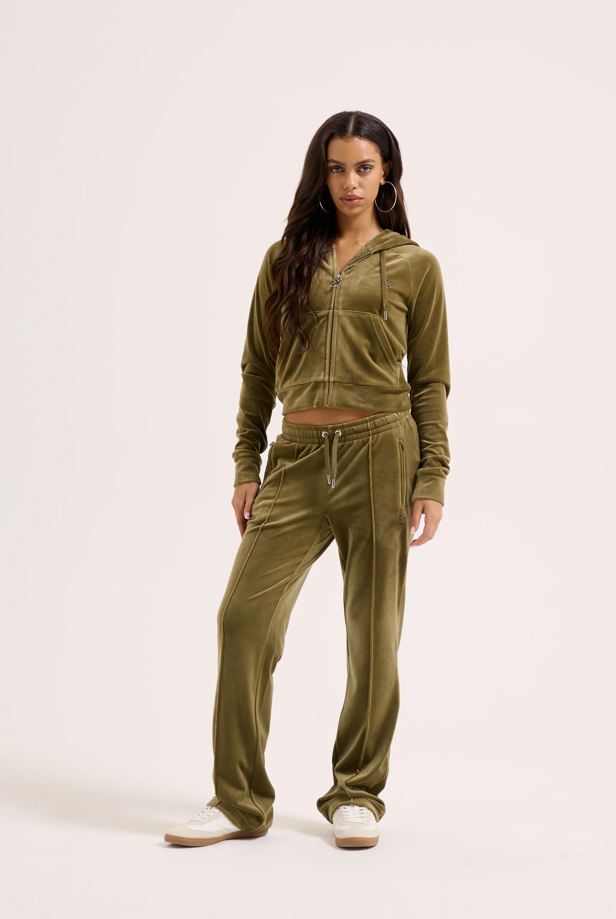 DARK OLIVE VELOUR OUTLINE DIAMANTÉ TRACKSUIT BOTTOM - Image 6