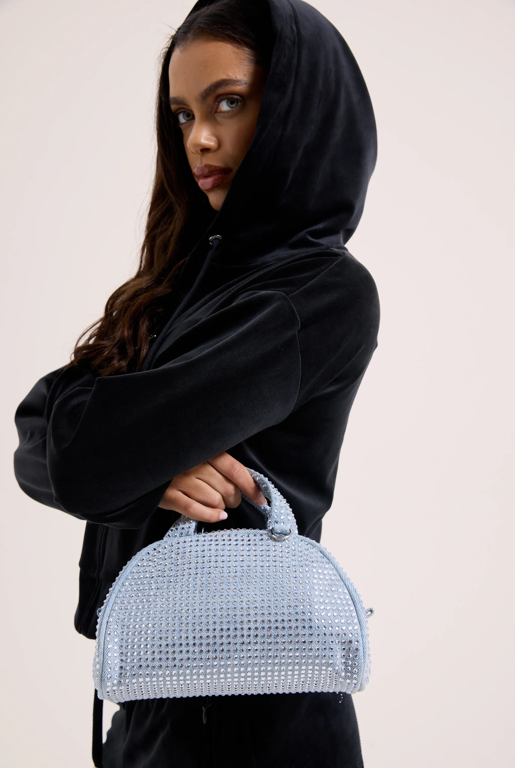 WASHED BLUE DENIM & DIAMANTÉ BOWLING HANDBAG - Image 5